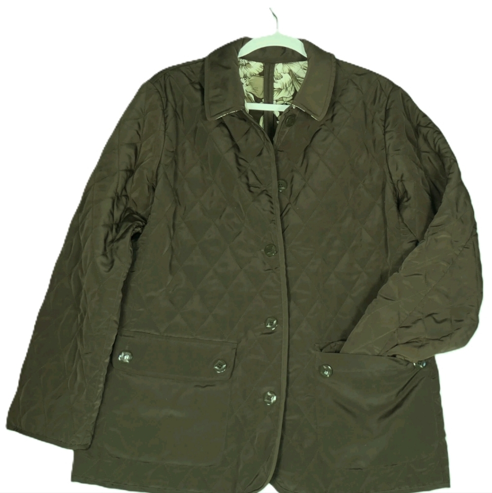 Susan Graver Reversible Jacket Blazer Women M Green Floral Quilted Pockets Boho